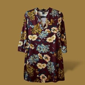 Lildy Printed V Neck 3/4 Sleeve Band Collar‎ Tunic Dress Burgundy Floral SM #